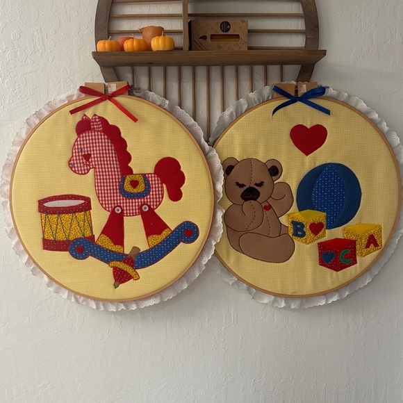 Other - Vintage Style Patchwork Embroidered Hoops Primary Colors Horse Bear Decor